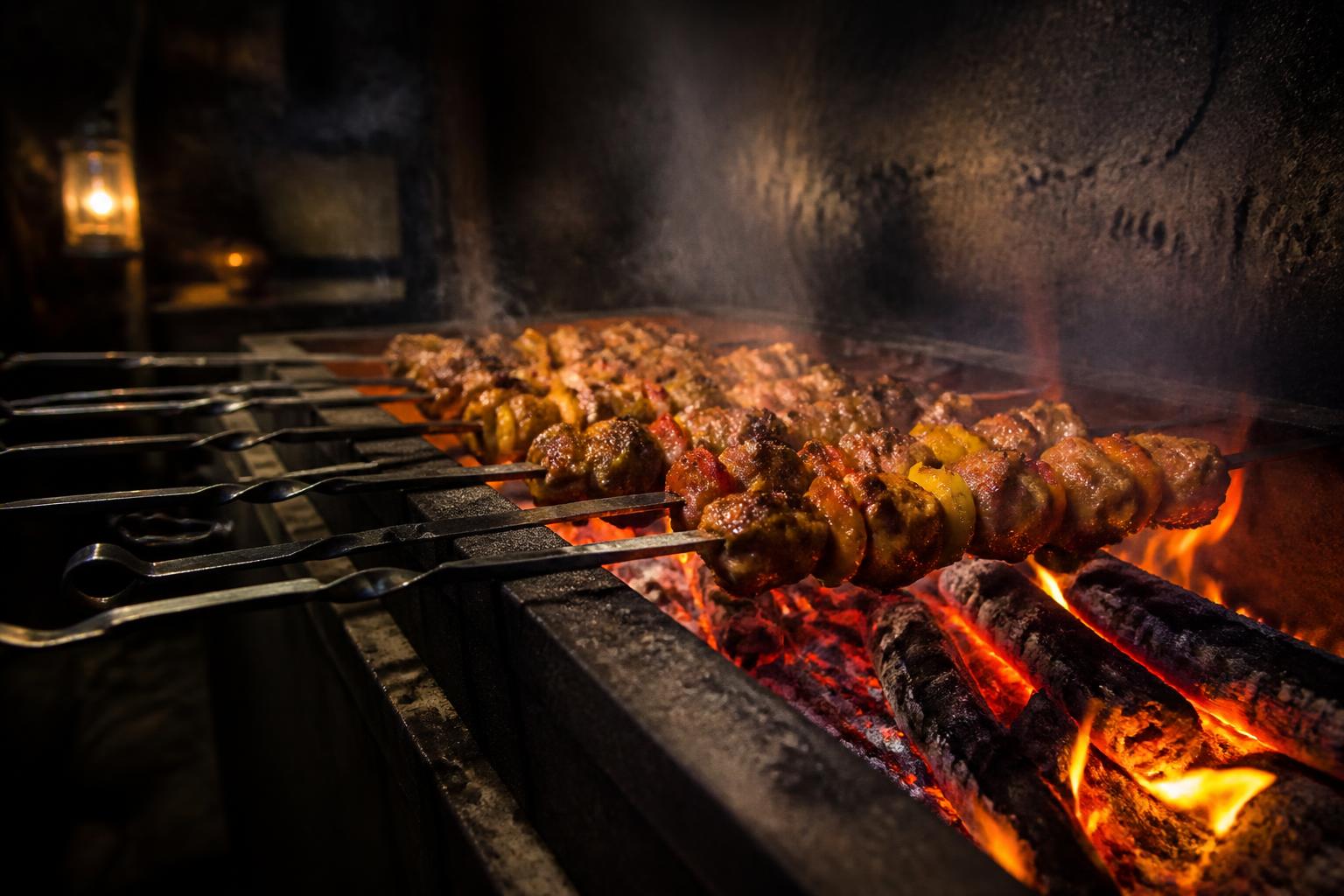 Brochetas de la casa cocinadas sobre fuego de leña